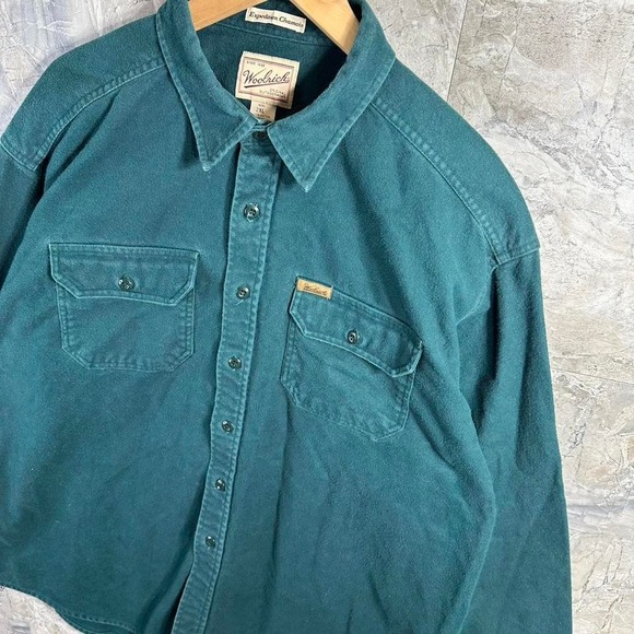 Vintage Woolrich Expedition Chamois Thick Cotton Button Up Shirt Green Mens 2XL - Picture 2 of 7